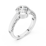Lab Grown Round Bezel Set Diamond Ring with Scroll Detail in Yellow Gold