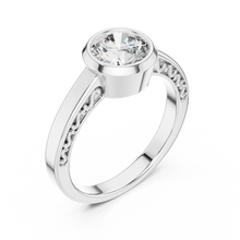 Lab Grown Round Bezel Set Diamond Ring with Scroll Detail in Yellow Gold