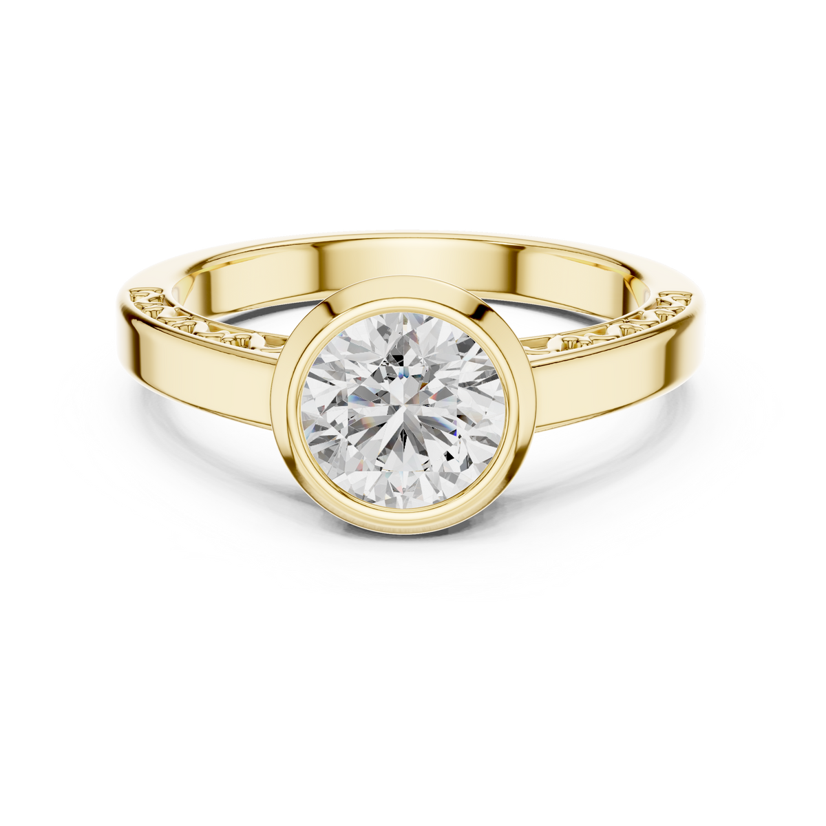 Lab Grown Round Bezel Set Diamond Ring with Scroll Detail in Yellow Gold