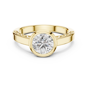 Lab Grown Round Bezel Set Diamond Ring with Scroll Detail in Yellow Gold