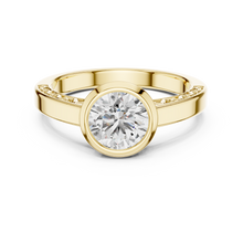 Lab Grown Round Bezel Set Diamond Ring with Scroll Detail in Yellow Gold