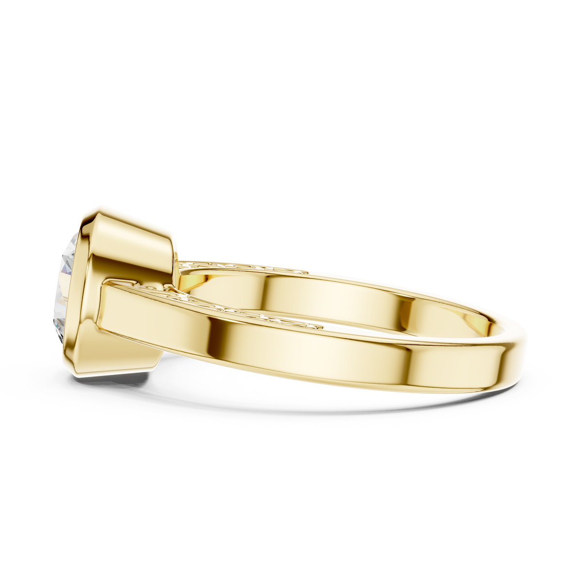 Lab Grown Round Bezel Set Diamond Ring with Scroll Detail in Yellow Gold