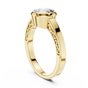 Lab Grown Round Bezel Set Diamond Ring with Scroll Detail in Yellow Gold