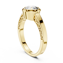 Lab Grown Round Bezel Set Diamond Ring with Scroll Detail in Yellow Gold