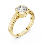 Lab Grown Round Bezel Set Diamond Ring with Scroll Detail in Yellow Gold