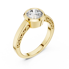Lab Grown Round Bezel Set Diamond Ring with Scroll Detail in Yellow Gold