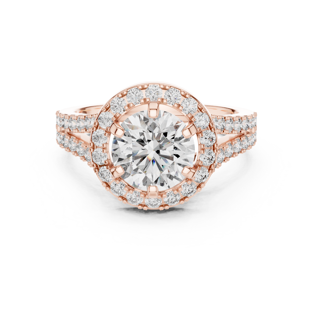 Lab Grown Round Cut Halo Diamond Ring with Split Shank Pave Band in Yellow Gold