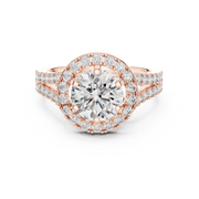 Lab Grown Round Cut Halo Diamond Ring with Split Shank Pave Band in Yellow Gold