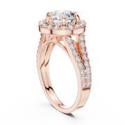 Lab Grown Round Cut Halo Diamond Ring with Split Shank Pave Band in Yellow Gold