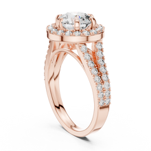 Lab Grown Round Cut Halo Diamond Ring with Split Shank Pave Band in Yellow Gold