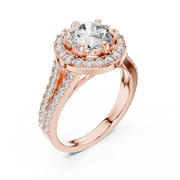 Lab Grown Round Cut Halo Diamond Ring with Split Shank Pave Band in Yellow Gold