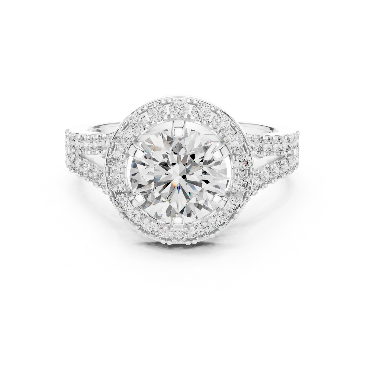 Lab Grown Round Cut Halo Diamond Ring with Split Shank Pave Band in Yellow Gold