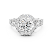Lab Grown Round Cut Halo Diamond Ring with Split Shank Pave Band in Yellow Gold