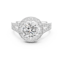 Lab Grown Round Cut Halo Diamond Ring with Split Shank Pave Band in Yellow Gold
