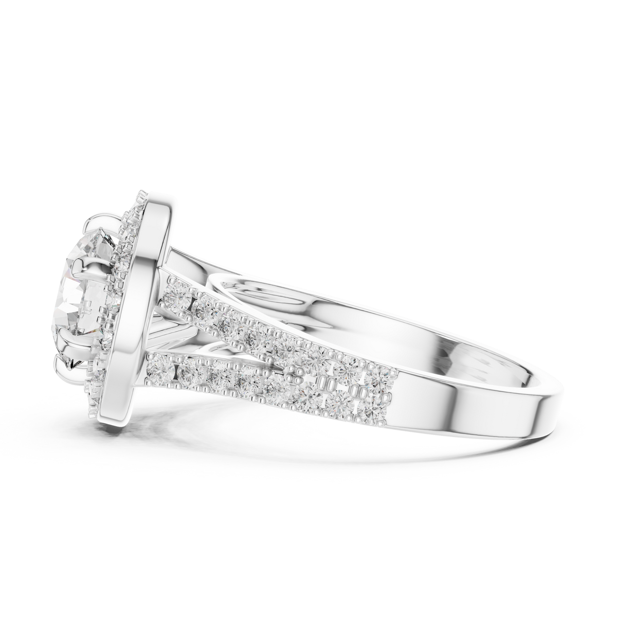 Lab Grown Round Cut Halo Diamond Ring with Split Shank Pave Band in Yellow Gold