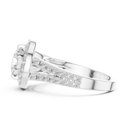 Lab Grown Round Cut Halo Diamond Ring with Split Shank Pave Band in Yellow Gold