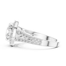 Lab Grown Round Cut Halo Diamond Ring with Split Shank Pave Band in Yellow Gold