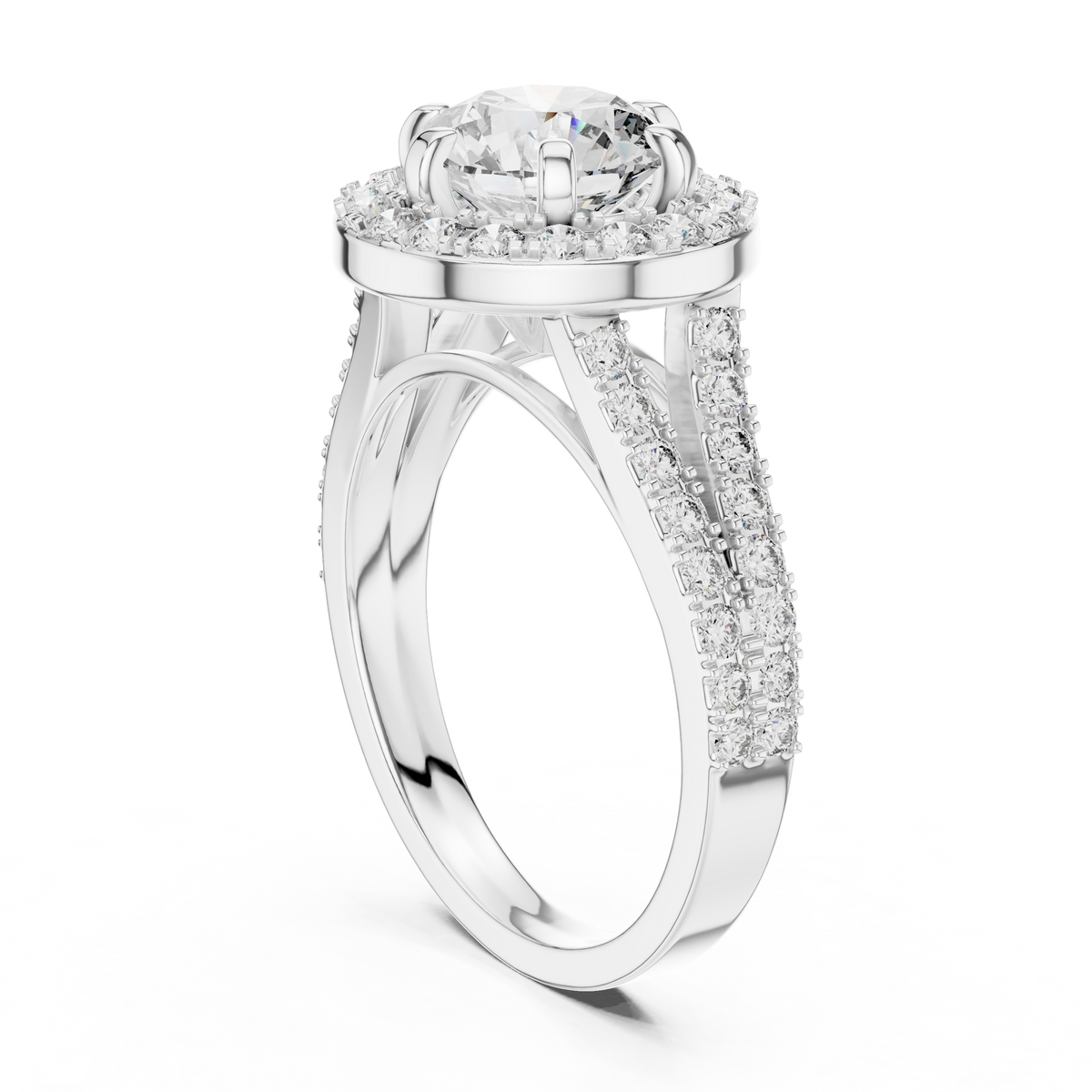 Lab Grown Round Cut Halo Diamond Ring with Split Shank Pave Band in Yellow Gold