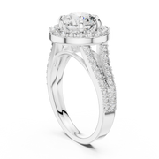 Lab Grown Round Cut Halo Diamond Ring with Split Shank Pave Band in Yellow Gold