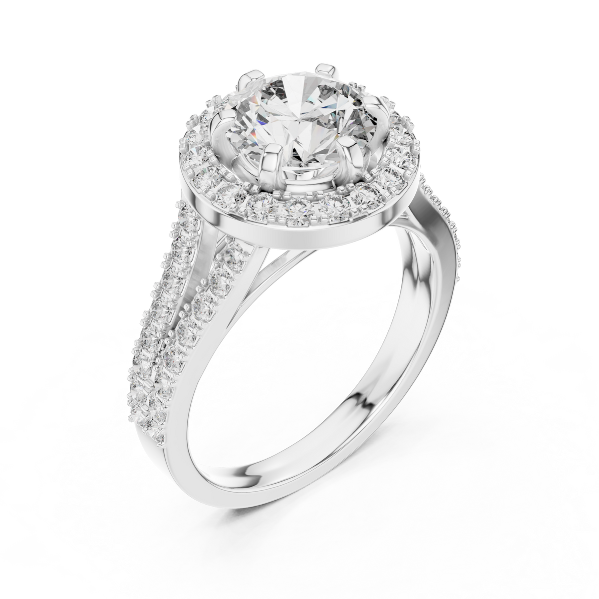 Lab Grown Round Cut Halo Diamond Ring with Split Shank Pave Band in Yellow Gold