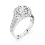 Lab Grown Round Cut Halo Diamond Ring with Split Shank Pave Band in Yellow Gold