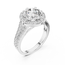 Lab Grown Round Cut Halo Diamond Ring with Split Shank Pave Band in Yellow Gold