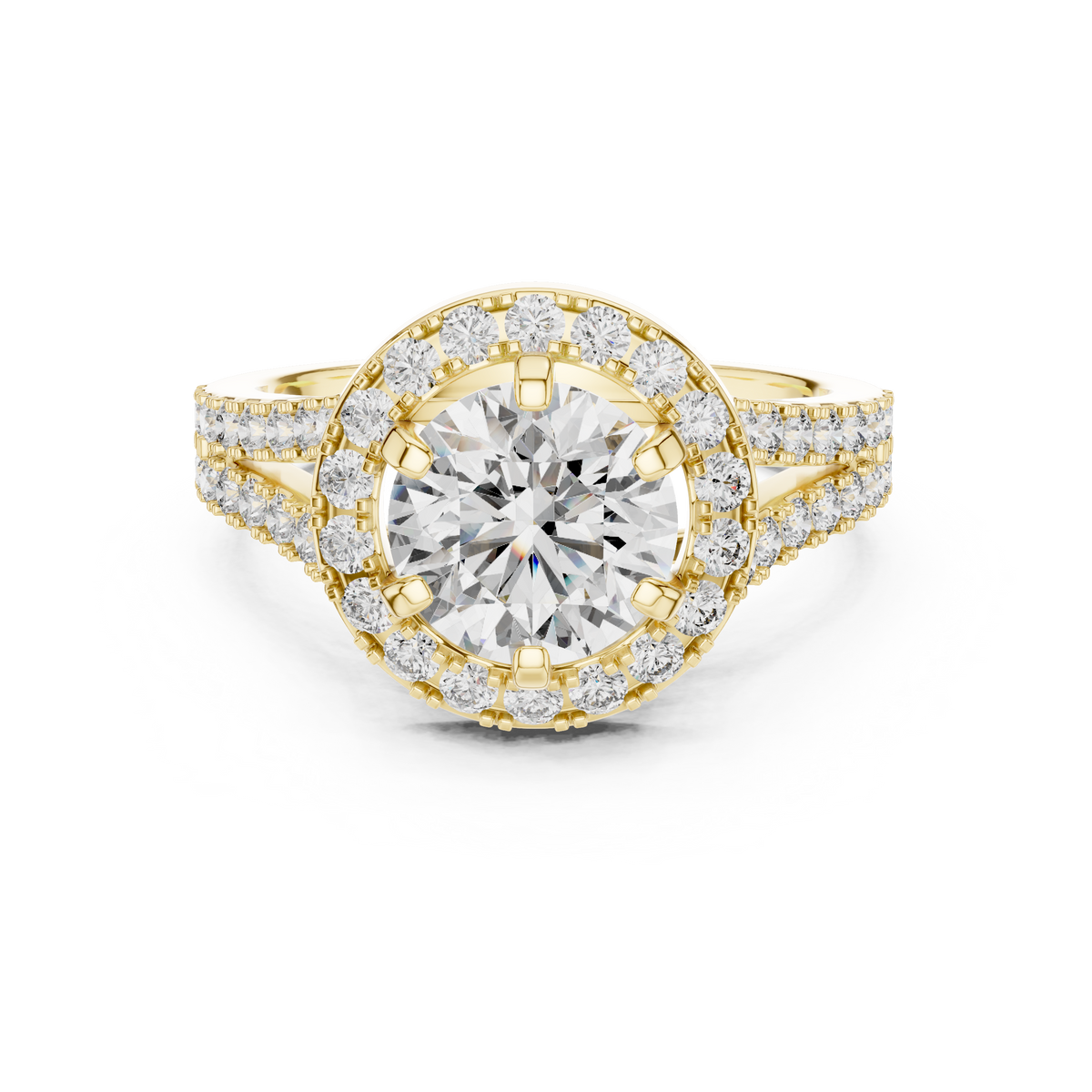 Lab Grown Round Cut Halo Diamond Ring with Split Shank Pave Band in Yellow Gold