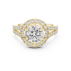 Lab Grown Round Cut Halo Diamond Ring with Split Shank Pave Band in Yellow Gold