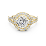 Lab Grown Round Cut Halo Diamond Ring with Split Shank Pave Band in Yellow Gold