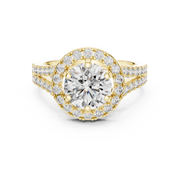 Lab Grown Round Cut Halo Diamond Ring with Split Shank Pave Band in Yellow Gold