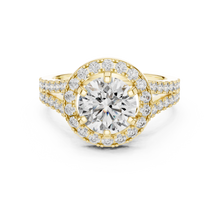 Lab Grown Round Cut Halo Diamond Ring with Split Shank Pave Band in Yellow Gold