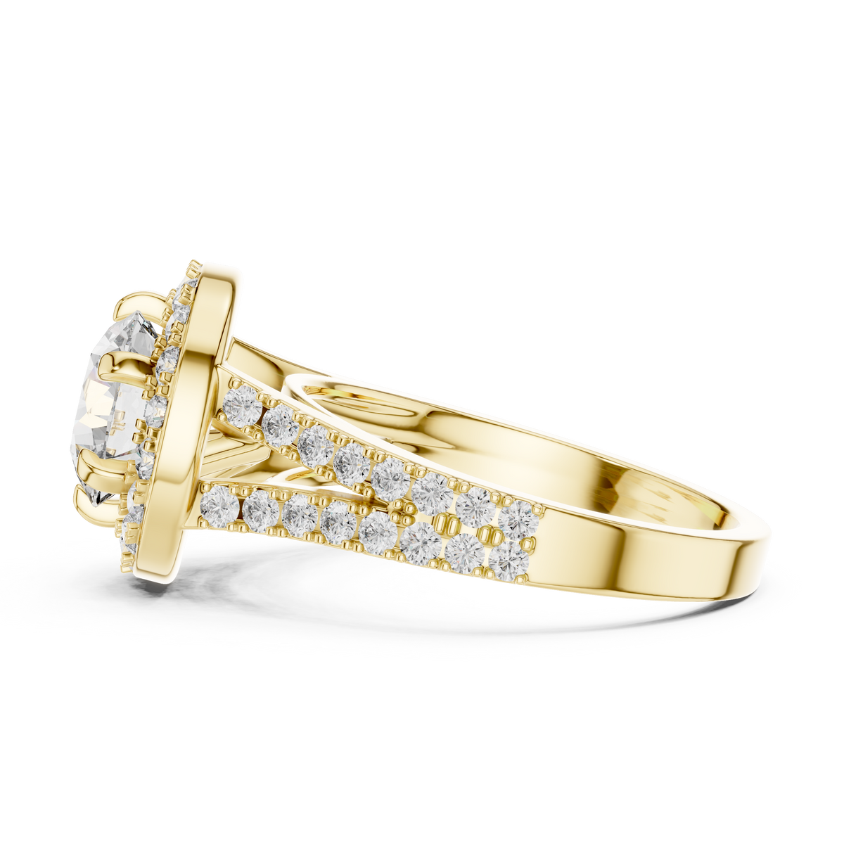 Lab Grown Round Cut Halo Diamond Ring with Split Shank Pave Band in Yellow Gold
