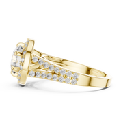 Lab Grown Round Cut Halo Diamond Ring with Split Shank Pave Band in Yellow Gold