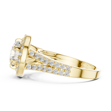 Lab Grown Round Cut Halo Diamond Ring with Split Shank Pave Band in Yellow Gold