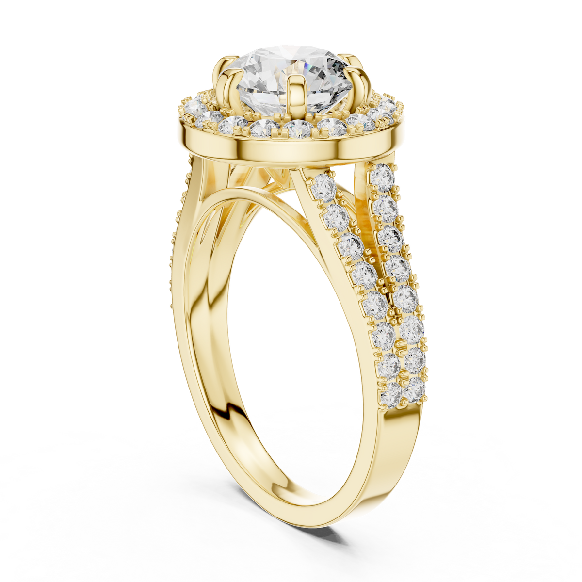 Lab Grown Round Cut Halo Diamond Ring with Split Shank Pave Band in Yellow Gold