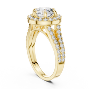 Lab Grown Round Cut Halo Diamond Ring with Split Shank Pave Band in Yellow Gold