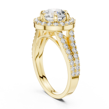 Lab Grown Round Cut Halo Diamond Ring with Split Shank Pave Band in Yellow Gold