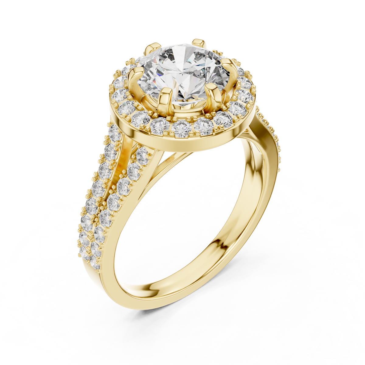 Lab Grown Round Cut Halo Diamond Ring with Split Shank Pave Band in Yellow Gold