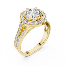 Lab Grown Round Cut Halo Diamond Ring with Split Shank Pave Band in Yellow Gold