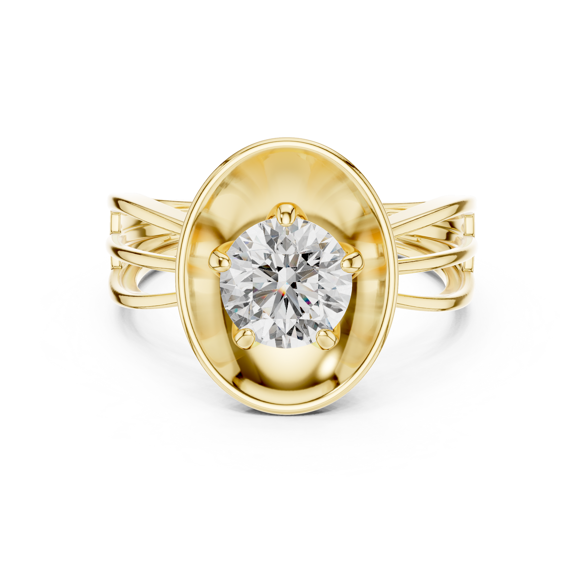 Lab Grown Round Diamond Ring with Bold Gold Disc & Split Shank in Yellow Gold