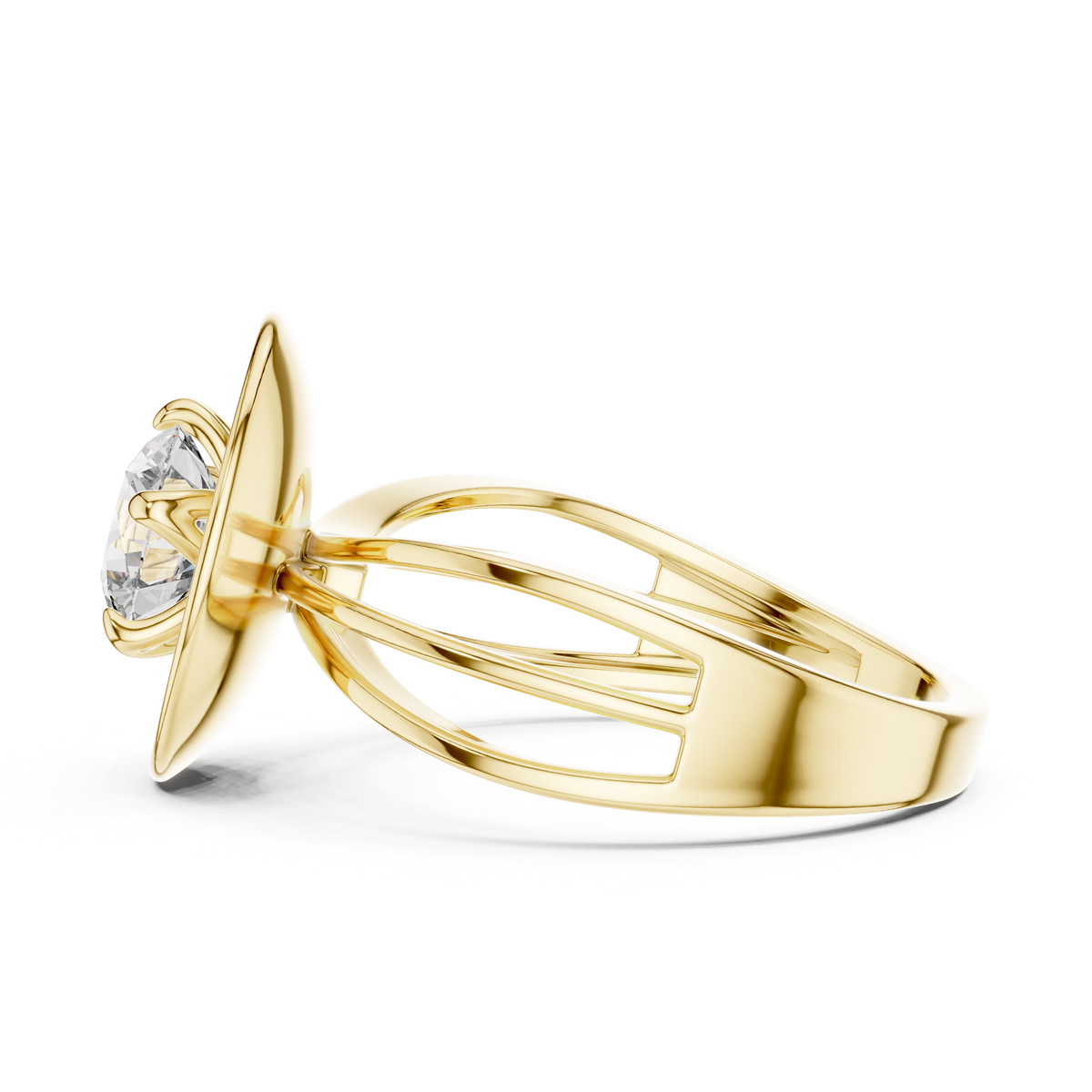 Lab Grown Round Diamond Ring with Bold Gold Disc & Split Shank in Yellow Gold