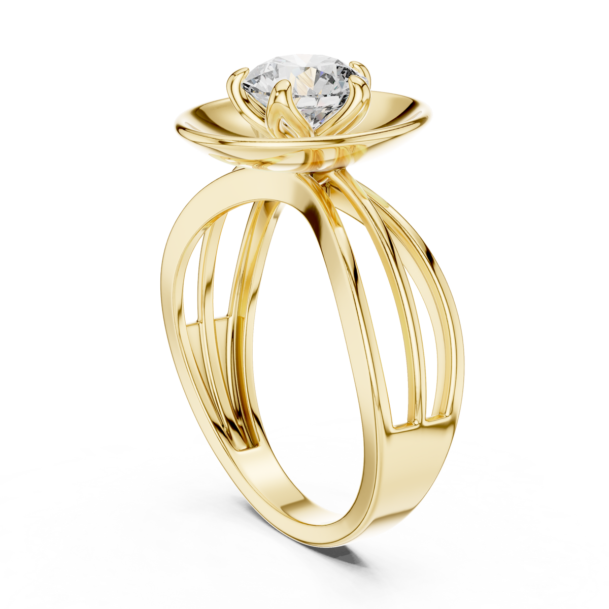 Lab Grown Round Diamond Ring with Bold Gold Disc & Split Shank in Yellow Gold
