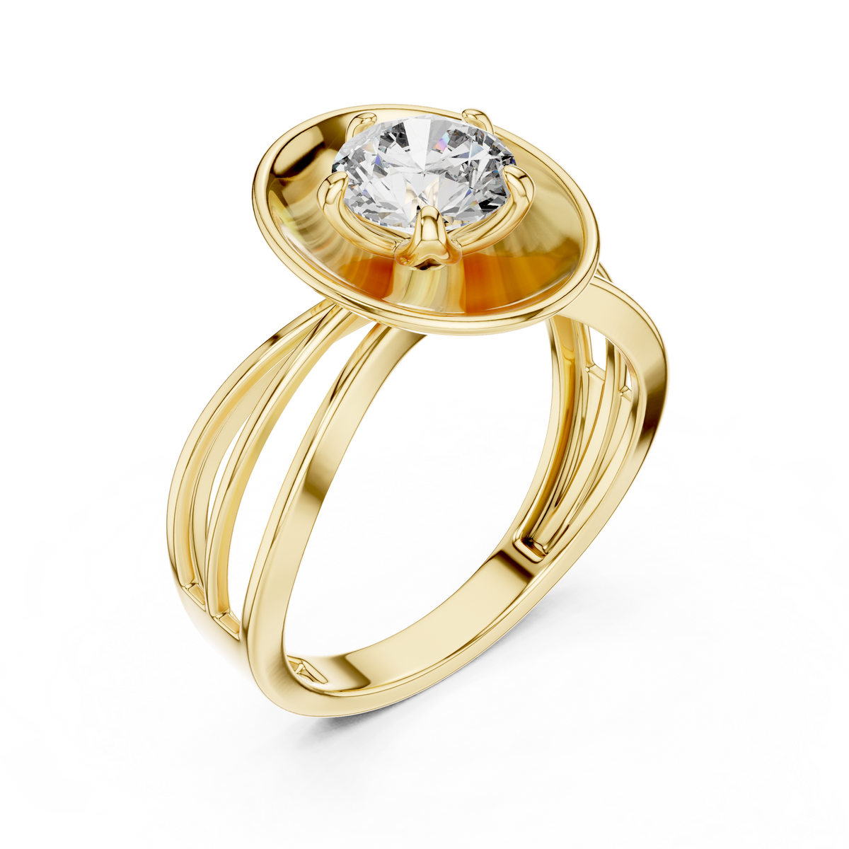 Lab Grown Round Diamond Ring with Bold Gold Disc & Split Shank in Yellow Gold