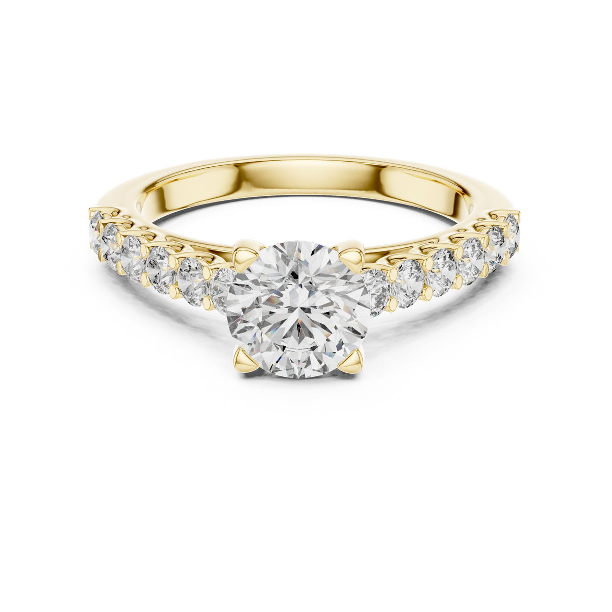 Lab Grown Round Diamond Ring with Graduated Side Stones in Yellow Gold