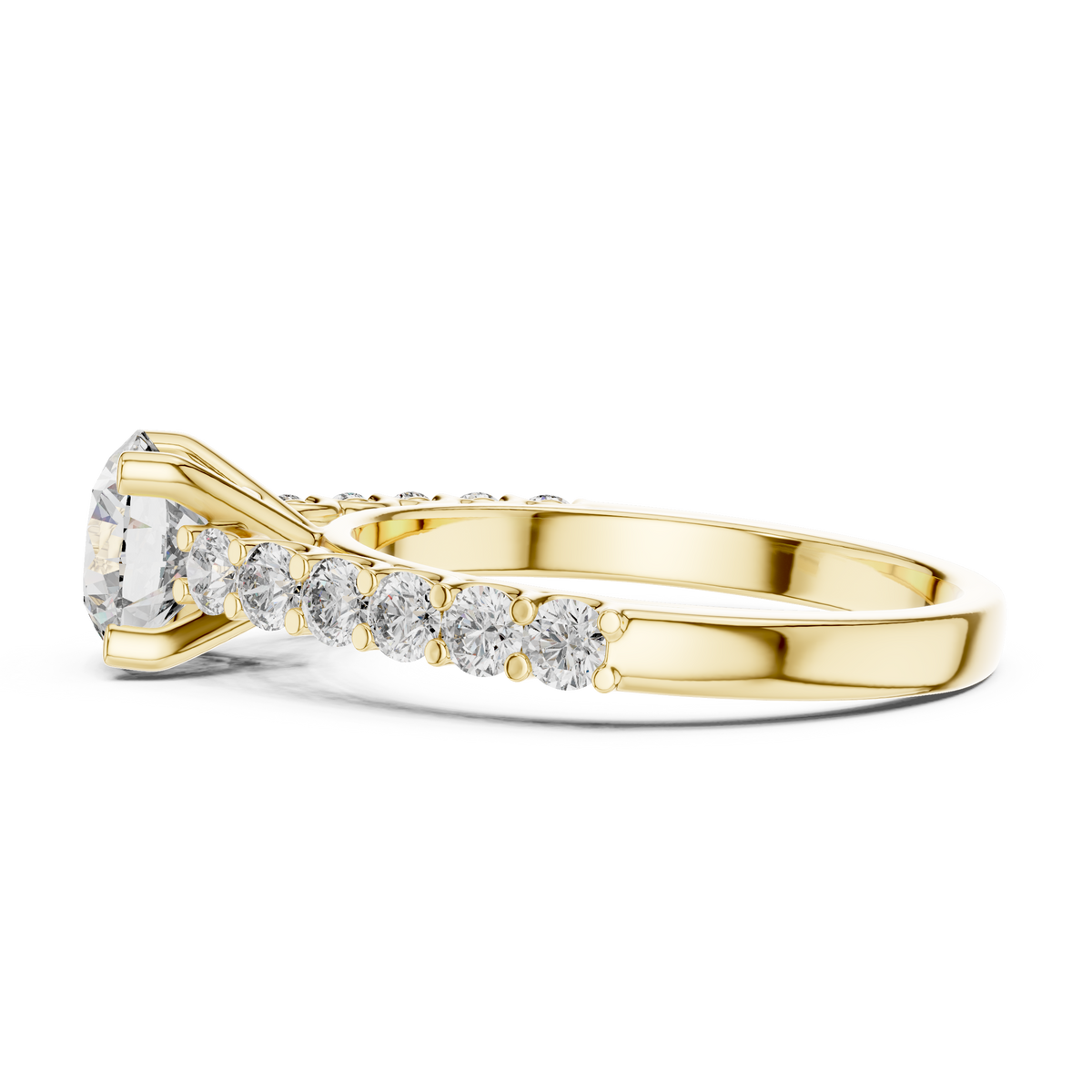 Lab Grown Round Diamond Ring with Graduated Side Stones in Yellow Gold