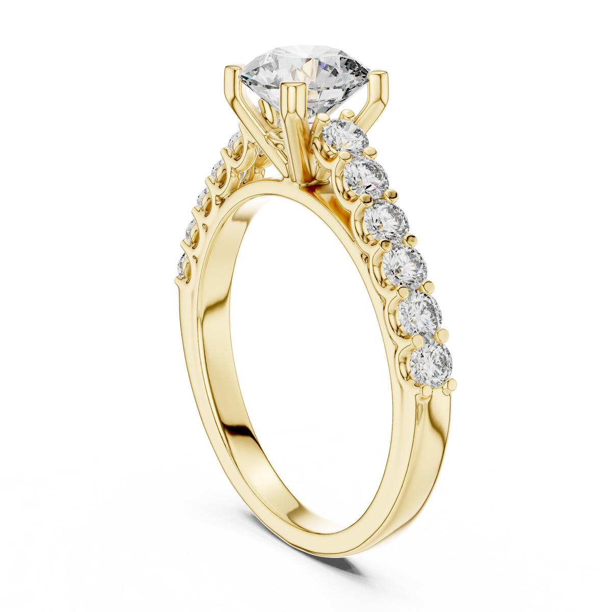 Lab Grown Round Diamond Ring with Graduated Side Stones in Yellow Gold