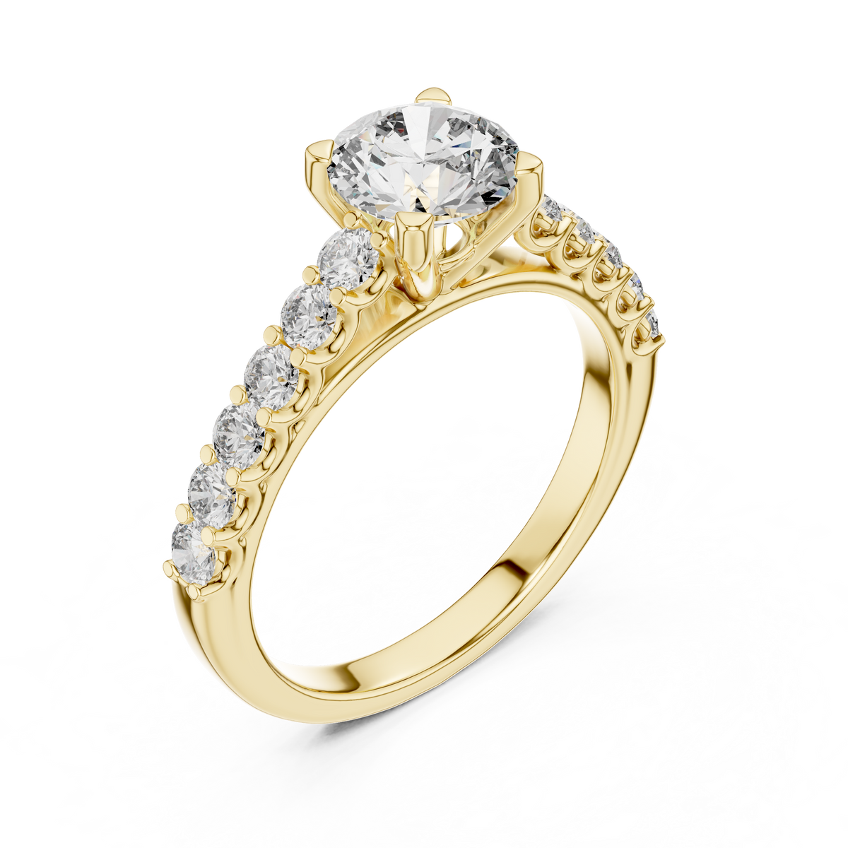 Lab Grown Round Diamond Ring with Graduated Side Stones in Yellow Gold