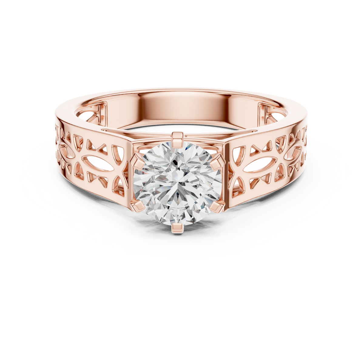 Lab Grown Round Diamond Ring with Openwork Lattice Band in Yellow Gold