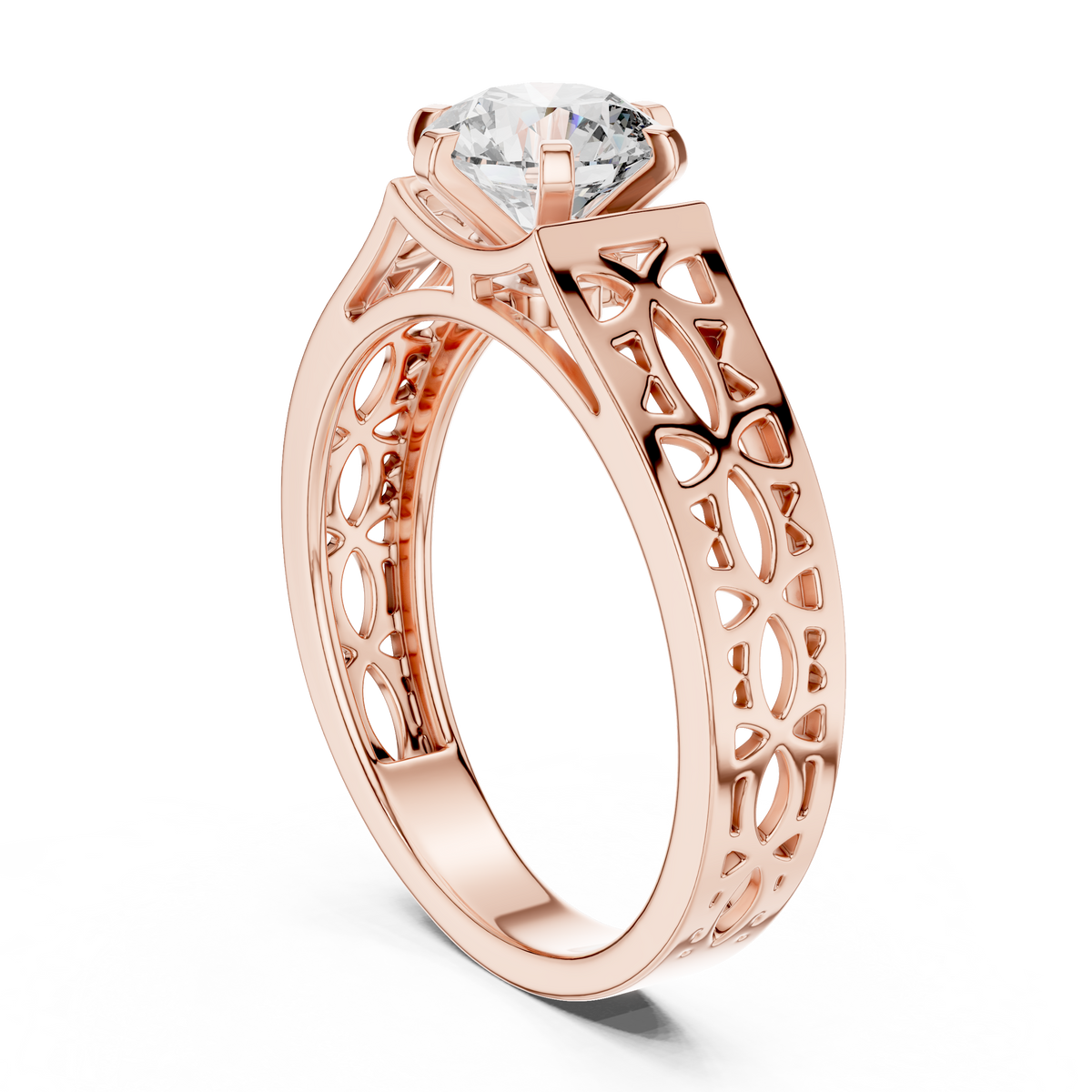 Lab Grown Round Diamond Ring with Openwork Lattice Band in Yellow Gold