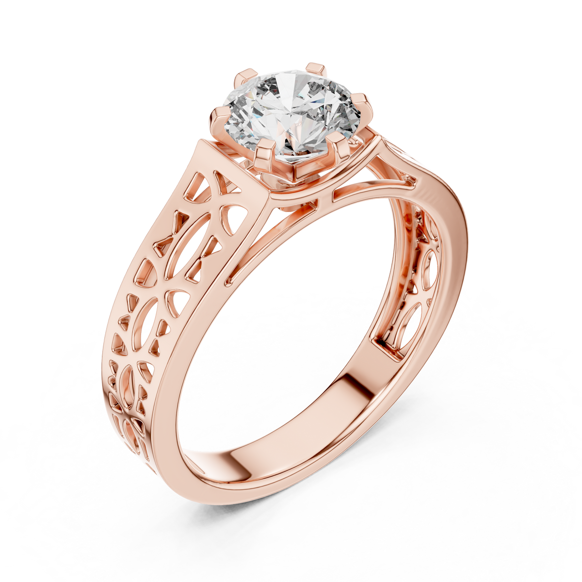 Lab Grown Round Diamond Ring with Openwork Lattice Band in Yellow Gold
